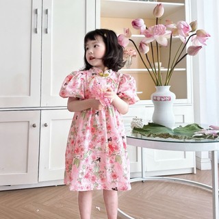 Váy Trung Thu Cổ Tàu Tay Phông Họa Tiết Họa Trà Xinh Cho Bé Gái