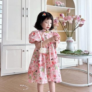 Váy Trung Thu Cổ Tàu Tay Phông Họa Tiết Họa Trà Xinh Cho Bé Gái