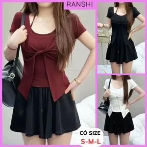 Áo Thun Cộc Tay Cổ Yếm Ôm Dáng Phối 2 Lớp RANSHI Mặc Đi Chơi Đi Cà Phê Chất Thun Tăm Lạnh