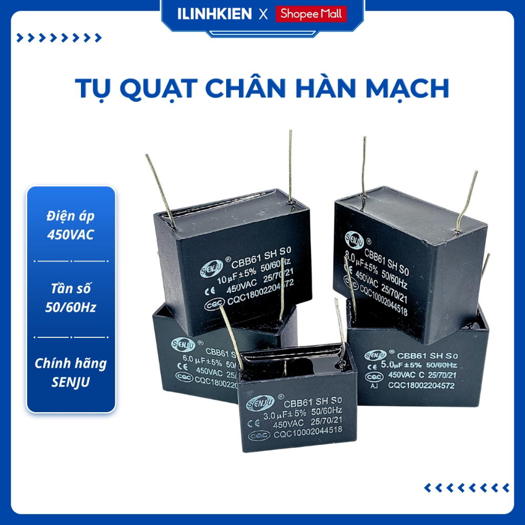Tụ quạt 450VAC 1uF 1.5uF 2uF 3uF 5uF chân hàn mạch cbb61 chất lượng cao ilinhkien.