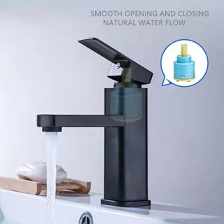 Vòi lavabo, vòi rửa mặt dáng vuông cao cấp nóng lạnh Thép không gỉ sơn phủ nano đen cao cấp