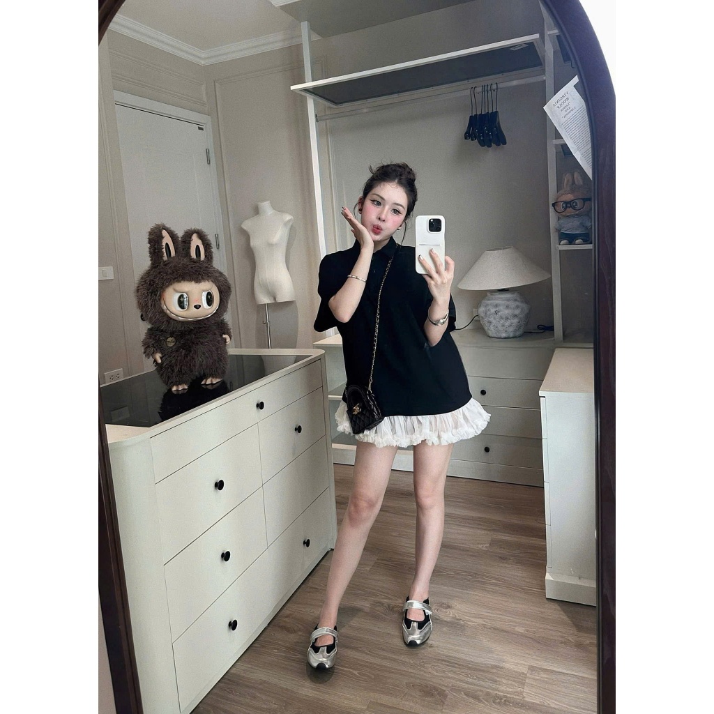 Váy babydoll nữ cổ sơ mi hai màu ĐEN XÁM from suông rộng phối chân váy đính ren voan trắng