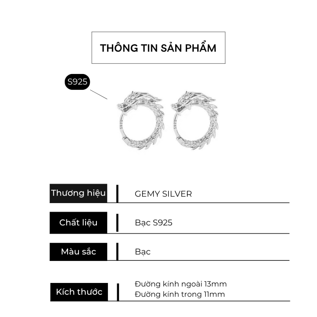 Khuyên tai tròn nam bạc 925 Dargon chạm khắc hình rồng cực chất, cực ngầu (1 chiếc) | GEMY SILVER KN126