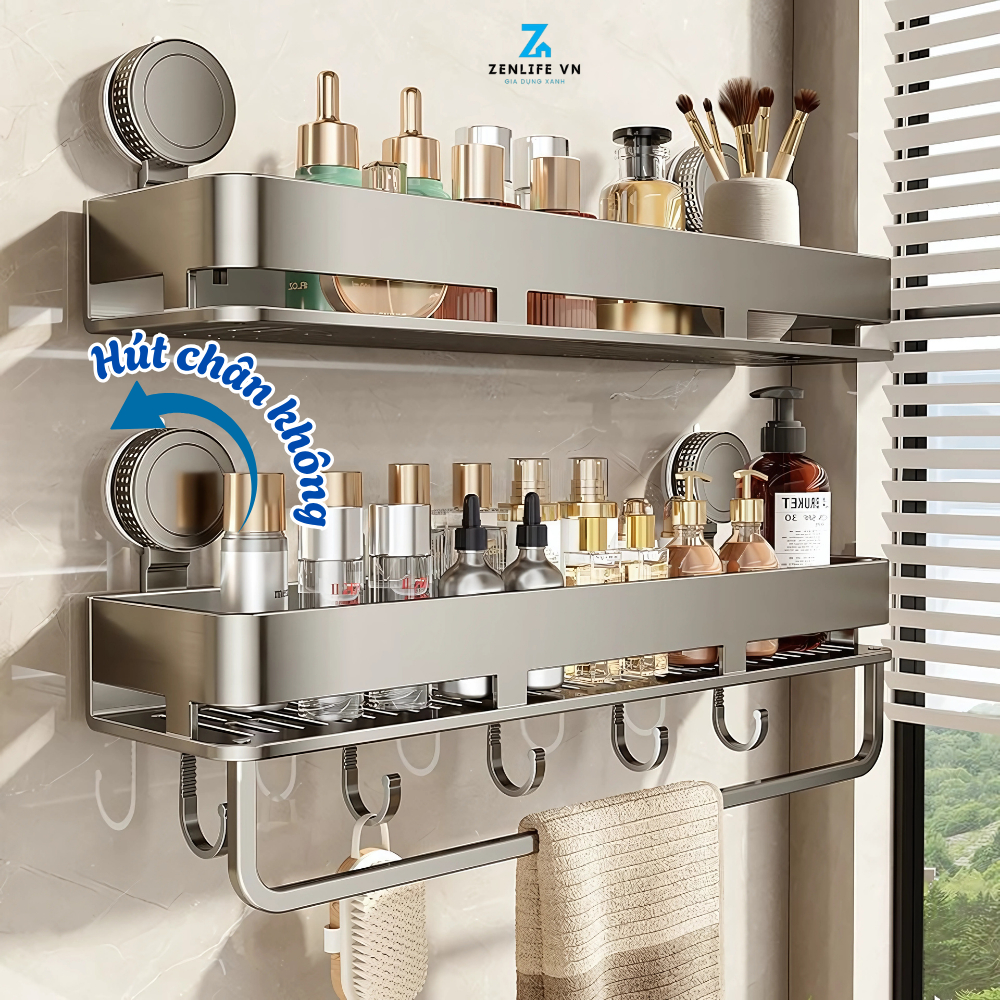Kệ để đồ nhà tắm hút chân không Zenlife kèm móc treo khăn, giá để đồ dầu gội, sữa tắm không khoan đục chống han gỉ