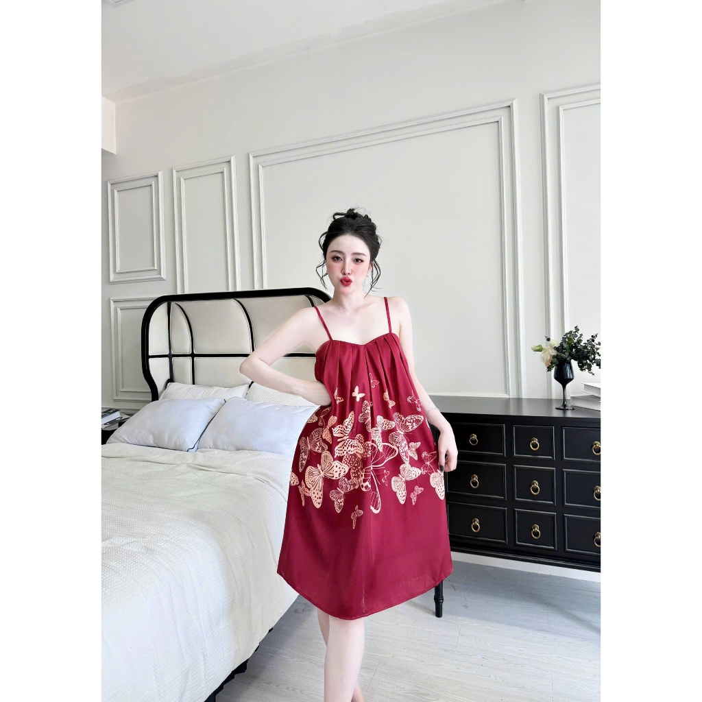 Đầm ngủ 2 dây Vy Linh chất liệu lụa latin họa tiết 3D xinh xắn thoáng mát, mềm mại S933
