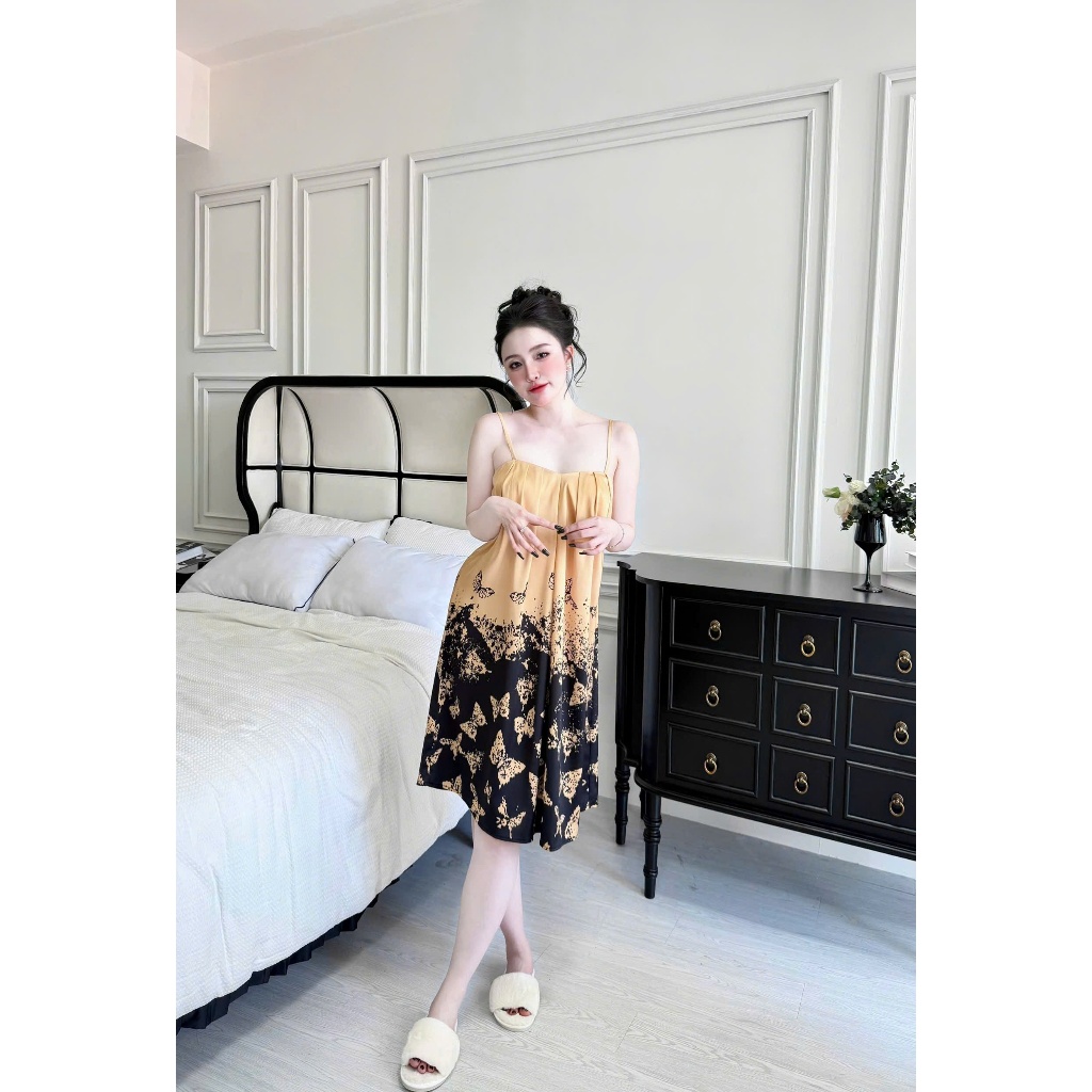Đầm ngủ 2 dây Vy Linh chất liệu lụa latin họa tiết 3D xinh xắn thoáng mát, mềm mại S933