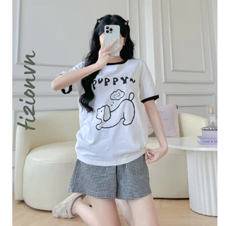 Set Đồ Bộ Ngắn Áo Thun Cotton, Quần Đùi Caro Mặc Nhà, Đi Chơi Thời Trang.
