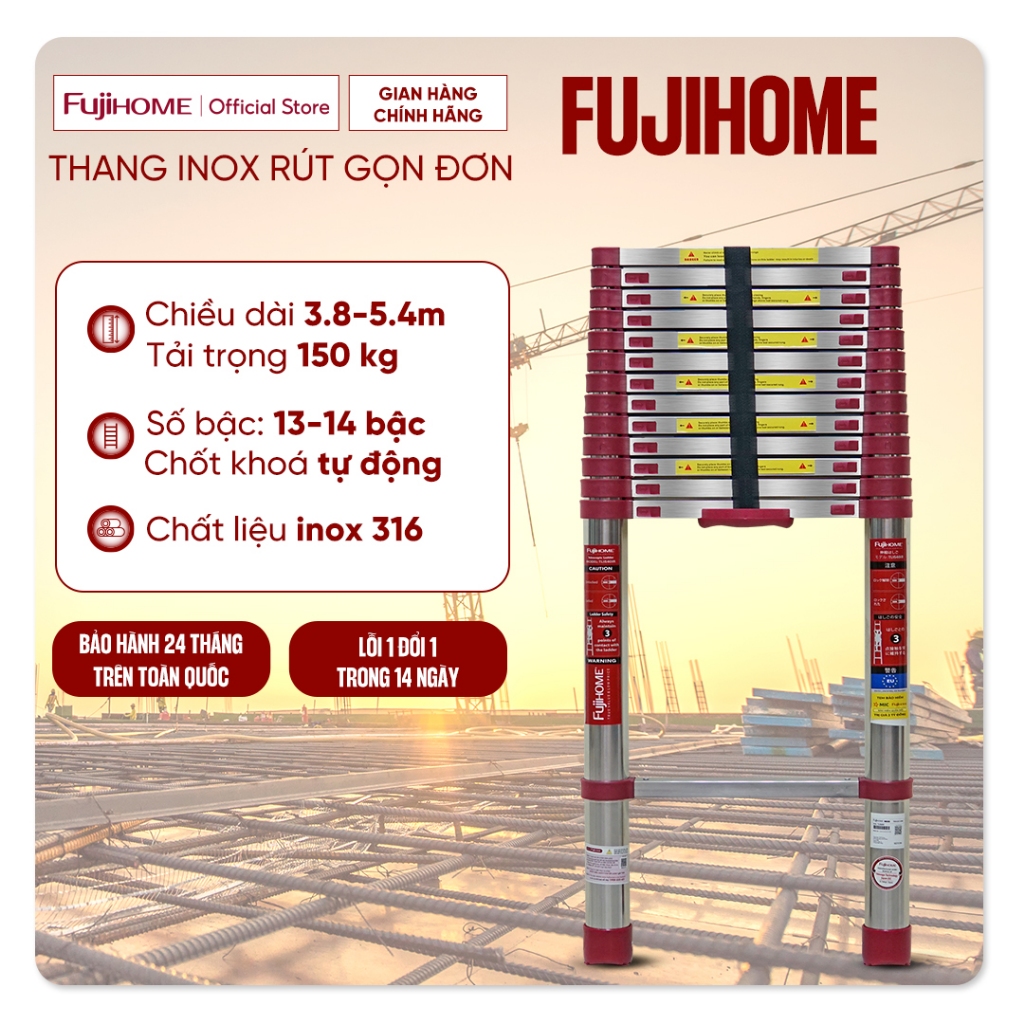 Thang Inox rút đơn 3,8m - 4,4m - 5.4m gấp gọn Nhập Khẩu FUJIHOME, thang rút gọn chữ I chốt tự động telescopic ladder