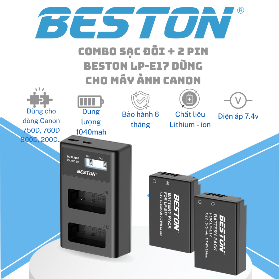 COMBO 2 Pin Canon LP-E17 + Sạc Đôi LP-E17 Beston Cho Canon 77D 750D ...