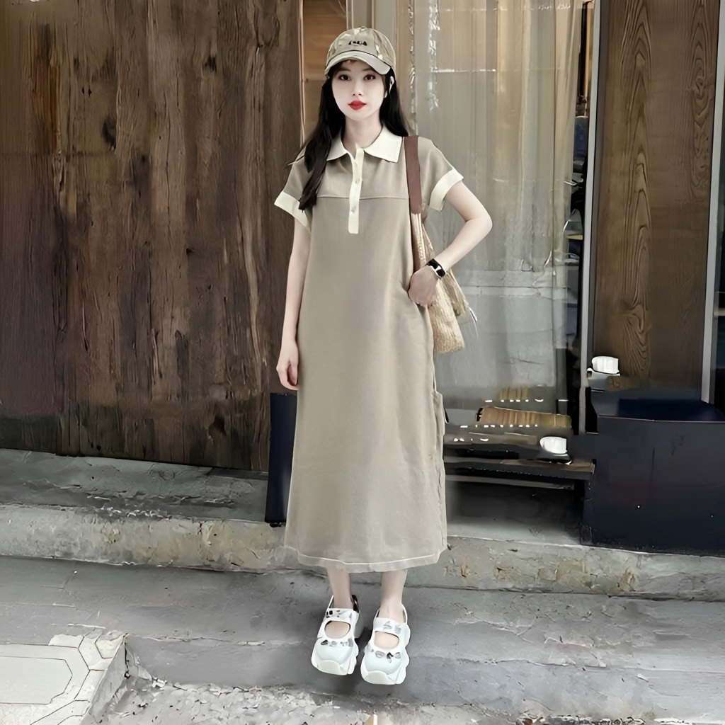 Đầm nữ Váy thun polo suông dáng rộng  dài qua gối cộc tay đen nâu phối viền basic chubby bigsize bầu mặc được T1271G