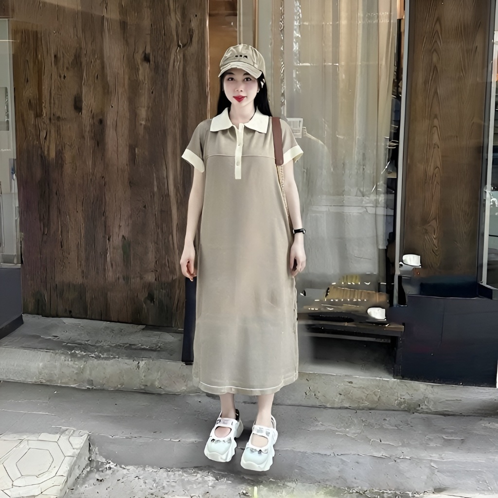Đầm nữ Váy thun polo suông dáng rộng  dài qua gối cộc tay đen nâu phối viền basic chubby bigsize bầu mặc được T1271G