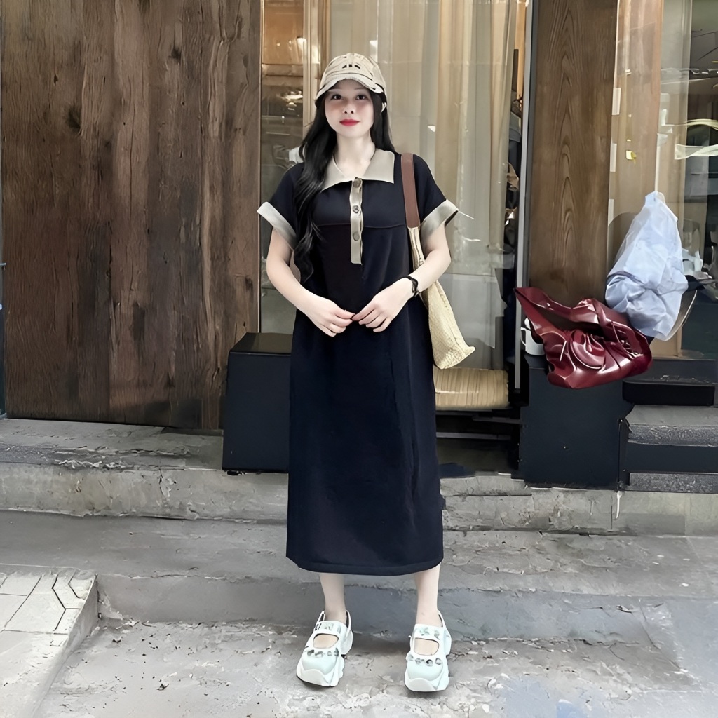 Đầm nữ Váy thun polo suông dáng rộng  dài qua gối cộc tay đen nâu phối viền basic chubby bigsize bầu mặc được T1271G