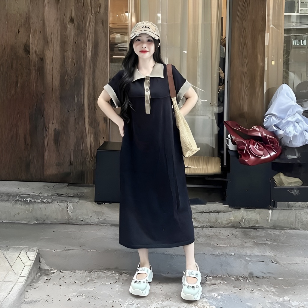 Đầm nữ Váy thun polo suông dáng rộng  dài qua gối cộc tay đen nâu phối viền basic chubby bigsize bầu mặc được T1271G