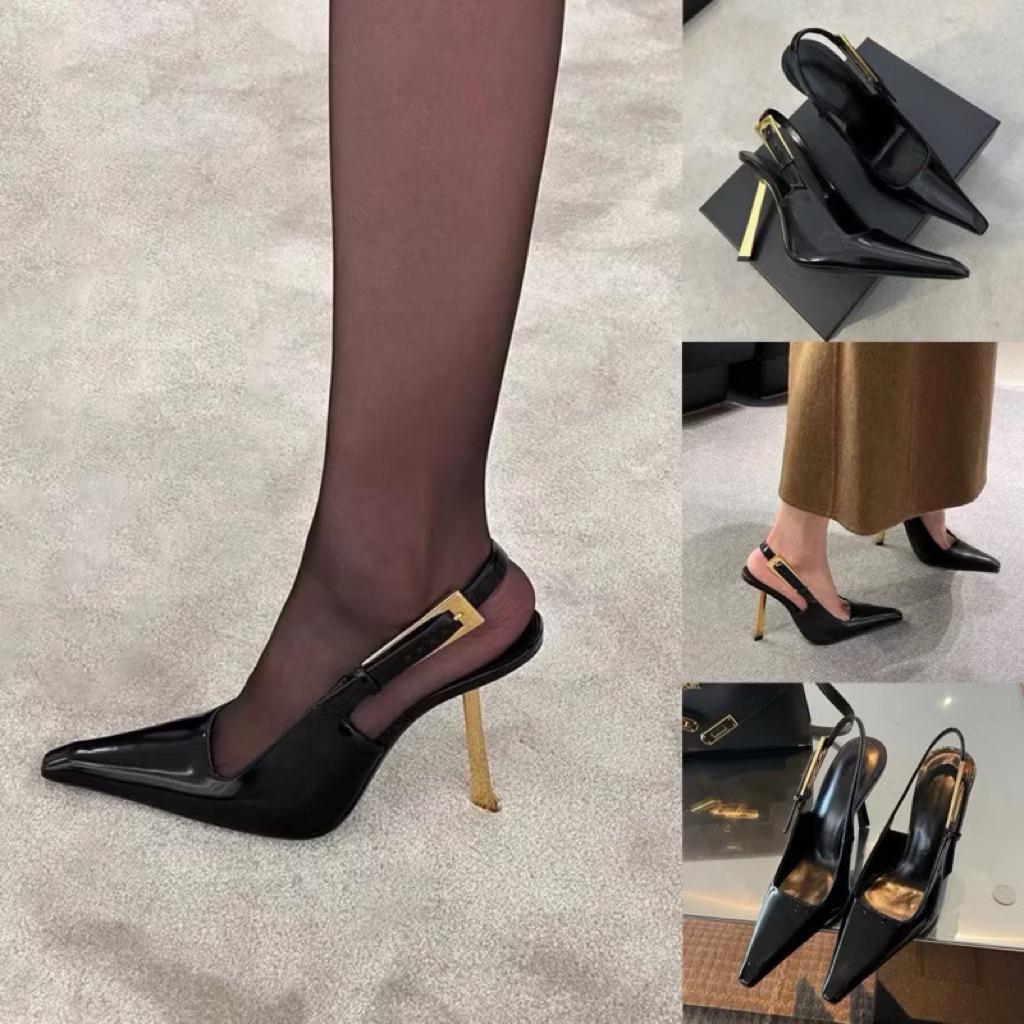 Sandal mũi nhọn da bóng tag vàng