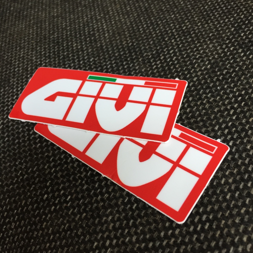 GIVI[7.5x3.2cm] decal cao cấp chống nước, sắc nét, bền màu, dính chặt. Hình dán logo trang trí mọi nơi, in theo yêu cầu