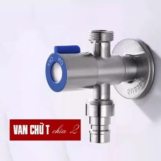 Van nước chữ T chân trụ chia 2 cổng xả, Inox SUS 304 ren 20mm, 21mm lắp trong tường