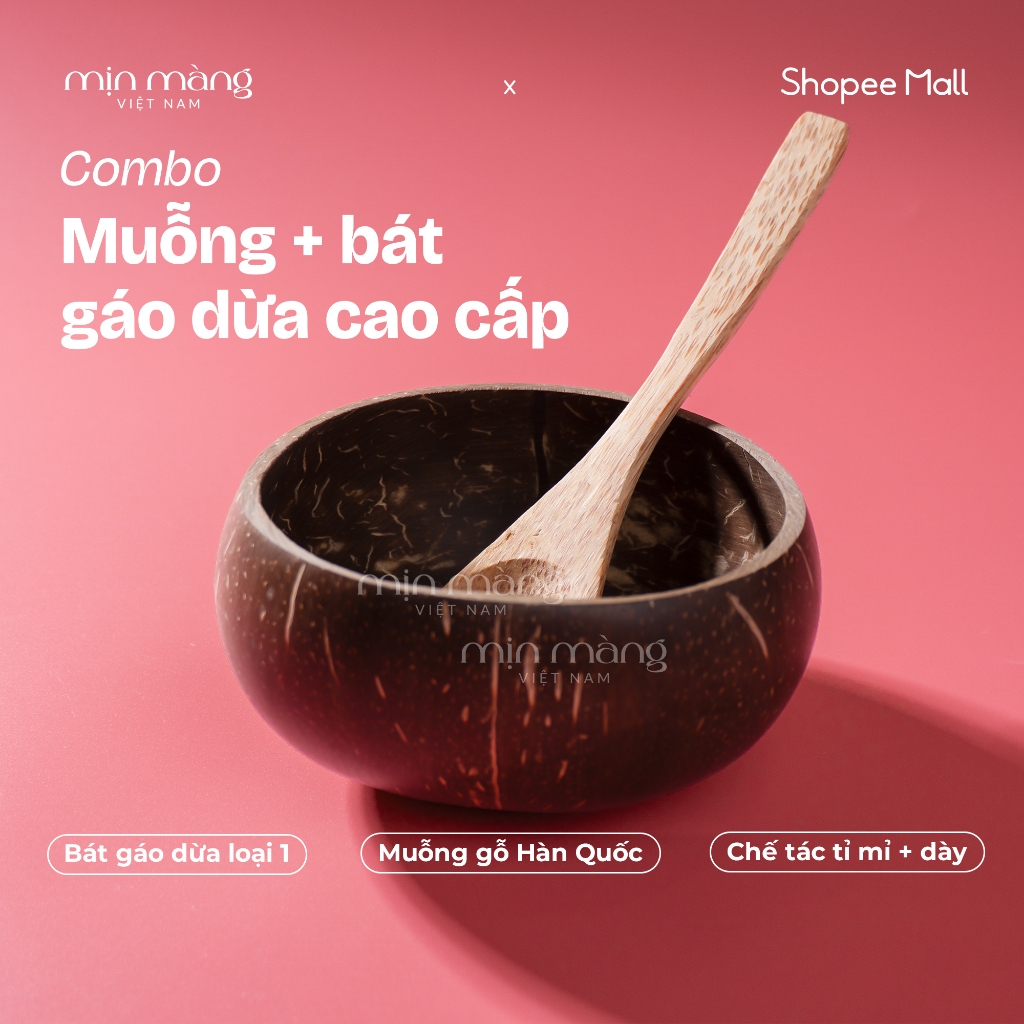 Combo Bát Gáo Dừa Và Muỗng Gỗ Hàn Quốc Ăn Ngũ Cốc Granola Salad Sữa Chua Hoa Quả, Đựng Bột
