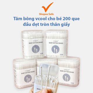 Tăm bông vcool cho bé sơ sinh 200 que đầu dẹt tròn thân giấy mềm mại an toàn cho trẻ