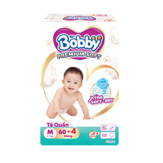 Tã Bỉm Quần Bobby Premium Soft Cộng Miếng Phiên Bản Cải Tiến Thế Hệ Mới Thấm hút tốt hơn Size M60/L52/XL46/XXL42