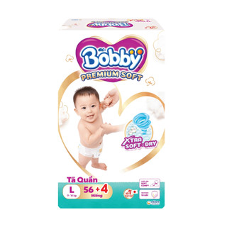 Tã Bỉm Quần Bobby Premium Soft Cộng Miếng Phiên Bản Cải Tiến Thế Hệ Mới Thấm hút tốt hơn Size M60/L52/XL46/XXL42
