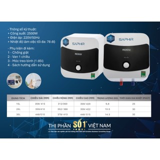 [GIAO LẮP MIỀN BẮC] Bình nóng lạnh gián tiếp Rossi Saphir Vuông (15/20/30 Lít) - Chính hãng, Bảo Hành 7 năm