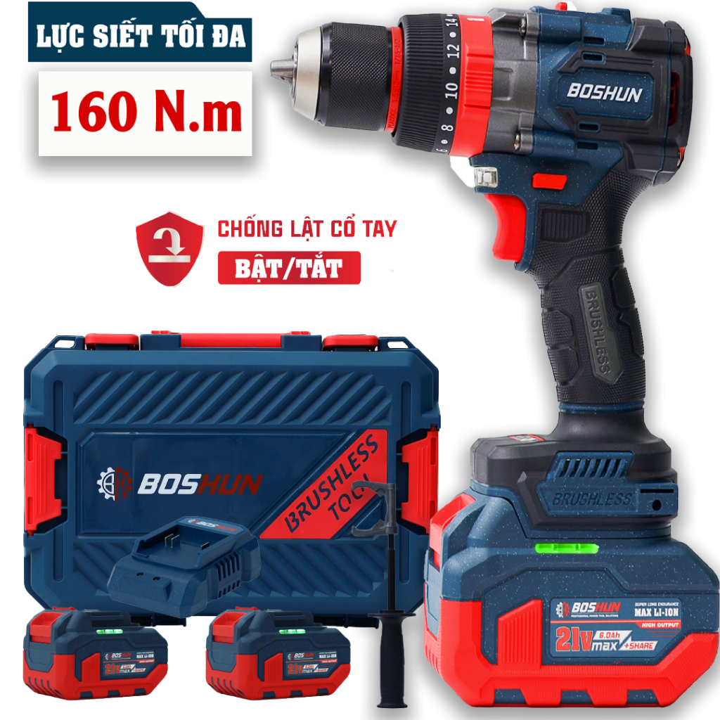 Máy Khoan BOSHUN BS-ID160PRO 3 Chức Năng 21V – Đầu 2in1, Lực Siết 160Nm, Không Chổi Than
