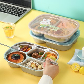 Khay cơm văn phòng Inox 304 , khay inox 304 đựng thức ăn chia ngăn kèm nắp đậy họa tiết dễ thương
