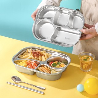 Khay cơm văn phòng Inox 304 , khay inox 304 đựng thức ăn chia ngăn kèm nắp đậy họa tiết dễ thương