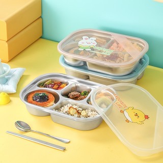 Khay cơm văn phòng Inox 304 , khay inox 304 đựng thức ăn chia ngăn kèm nắp đậy họa tiết dễ thương