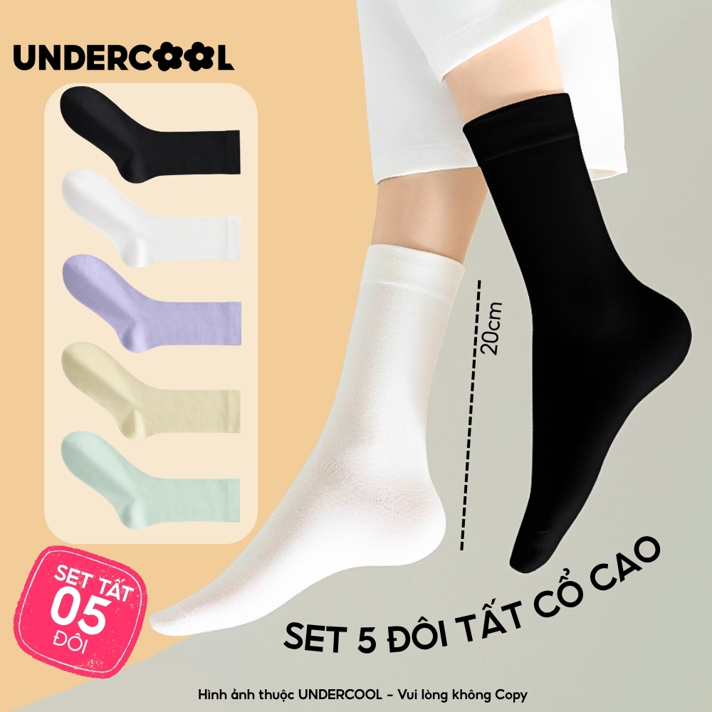Set 5 Đôi Tất Cotton Cổ Cao Mỏng Nữ UNDERCOOL Mềm Mại Màu Trơn Phong Cách Hàn Quốc Pastel ,Thấm Hút Tốt CB-TC93