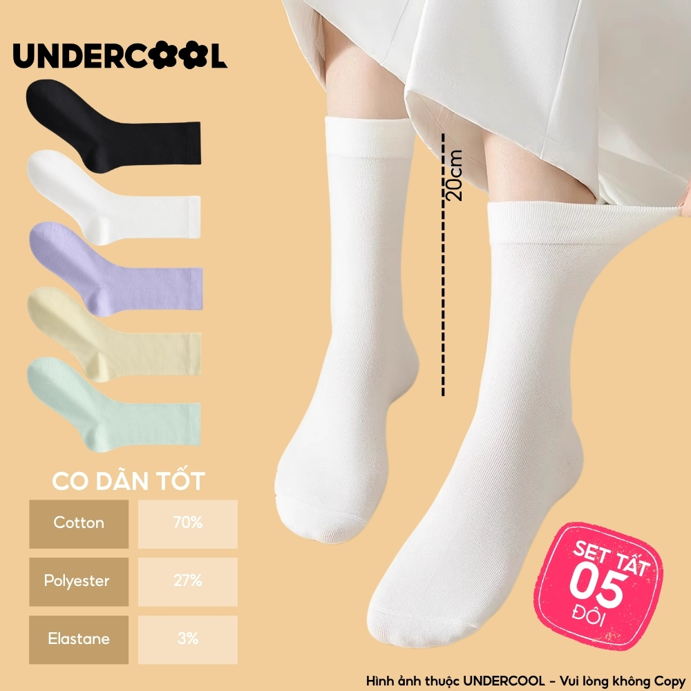 Set 5 Đôi Tất Cotton Cổ Cao Mỏng Nữ UNDERCOOL Mềm Mại Màu Trơn Phong Cách Hàn Quốc Pastel ,Thấm Hút Tốt CB-TC93
