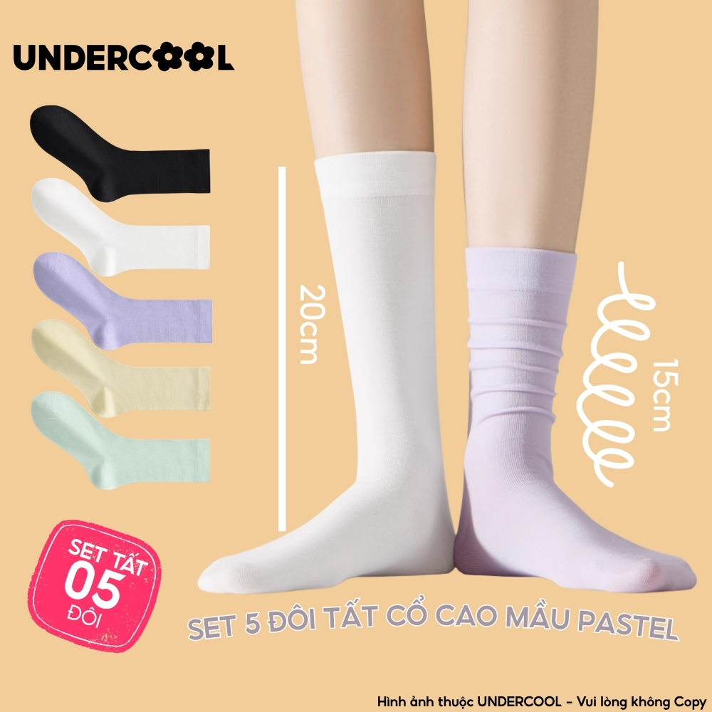Set 5 Đôi Tất Cotton Cổ Cao Mỏng Nữ UNDERCOOL Mềm Mại Màu Trơn Phong Cách Hàn Quốc Pastel ,Thấm Hút Tốt CB-TC93