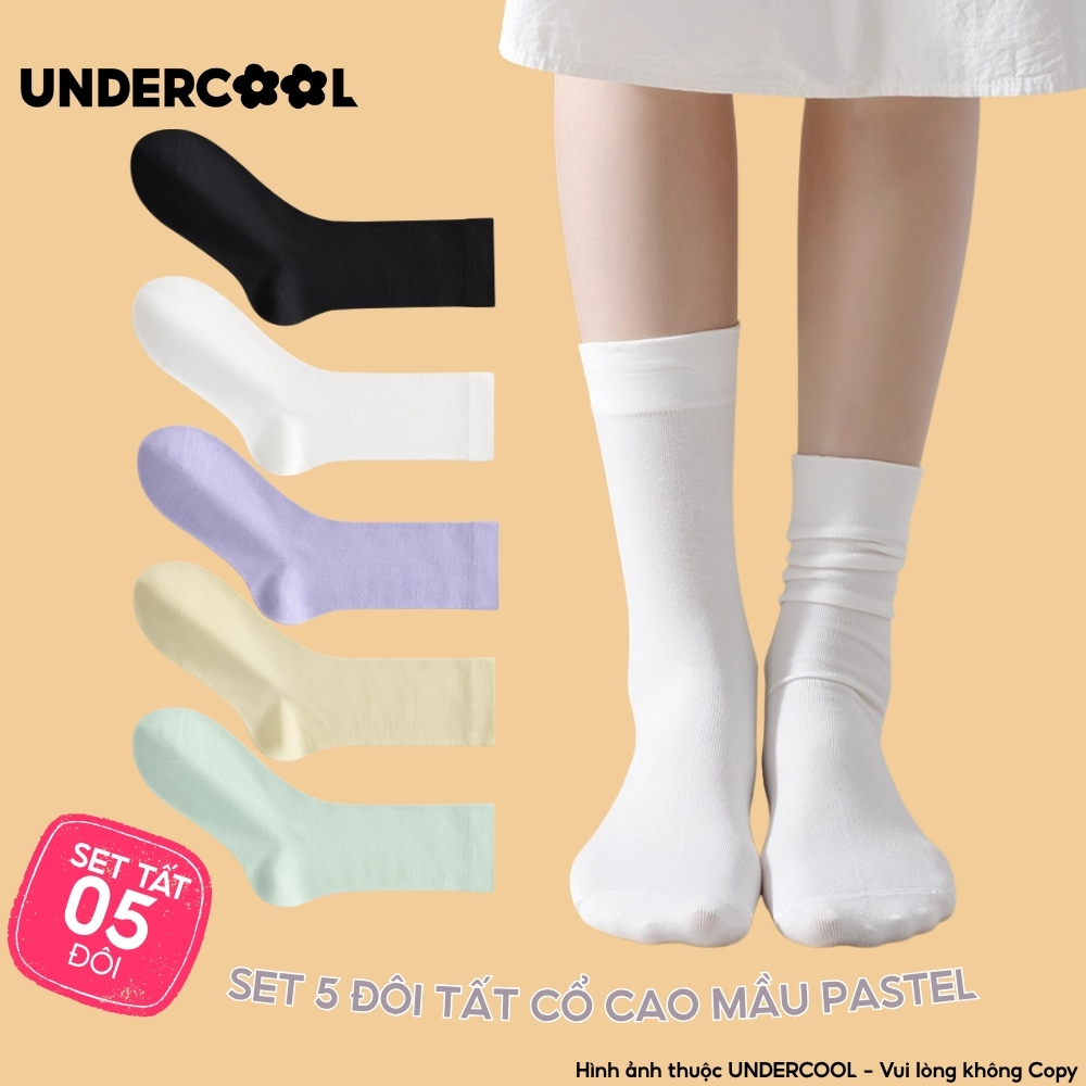 Set 5 Đôi Tất Cotton Cổ Cao Mỏng Nữ UNDERCOOL Mềm Mại Màu Trơn Phong Cách Hàn Quốc Pastel ,Thấm Hút Tốt CB-TC93