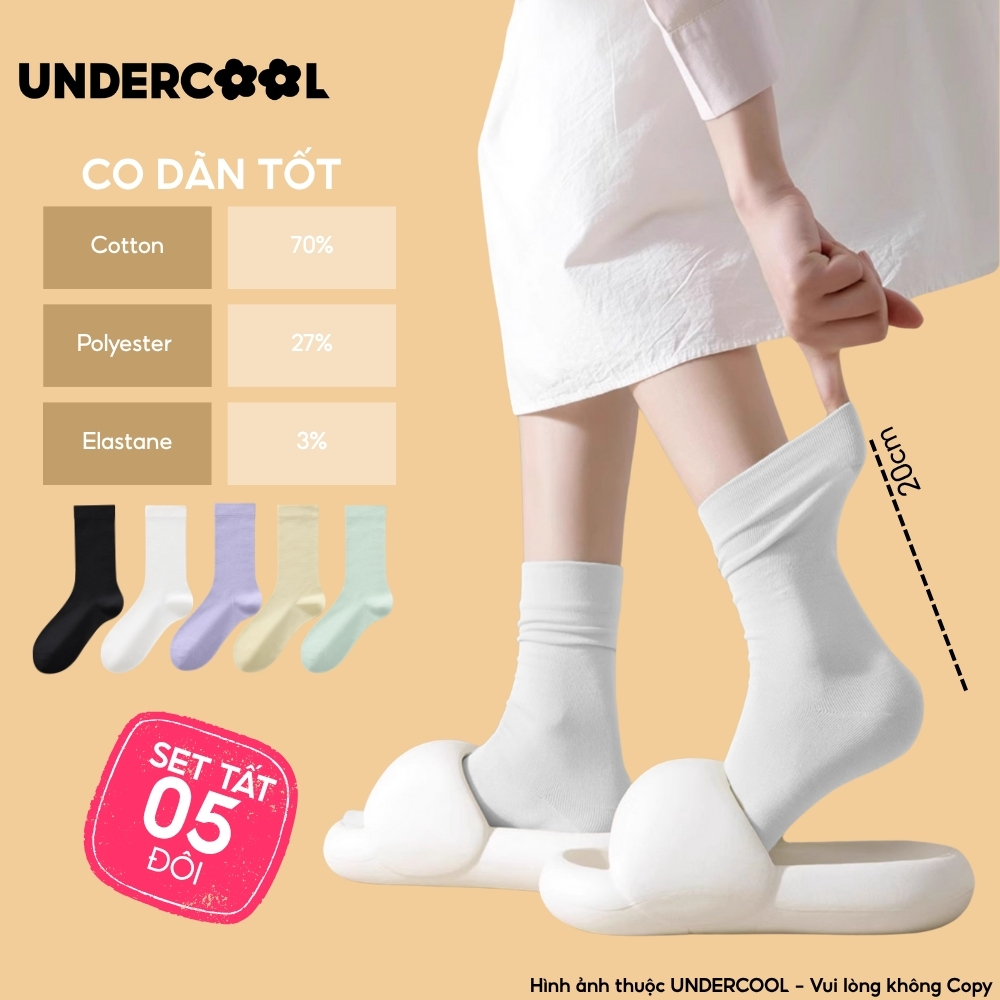 Set 5 Đôi Tất Cotton Cổ Cao Mỏng Nữ UNDERCOOL Mềm Mại Màu Trơn Phong Cách Hàn Quốc Pastel ,Thấm Hút Tốt CB-TC93