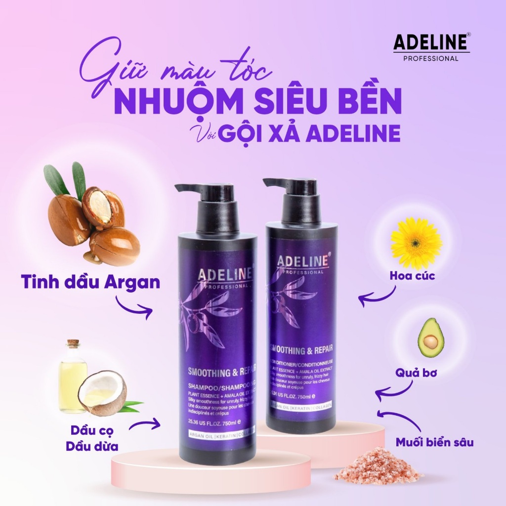 Cặp Gội Xả Adeline 750ml | Dưỡng Tóc Mềm Mượt Cho Tóc Nhuộm & Khô Xơ