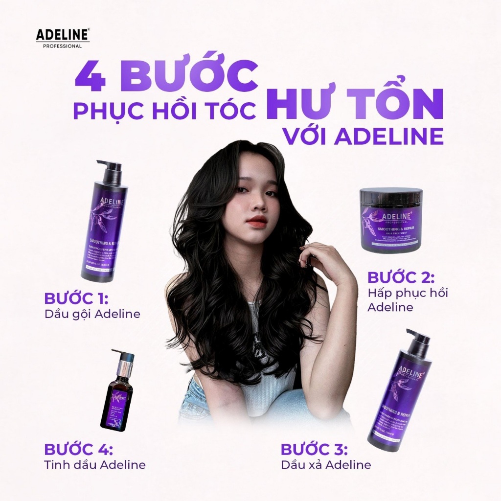 Cặp Gội Xả Adeline 750ml | Dưỡng Tóc Mềm Mượt Cho Tóc Nhuộm & Khô Xơ