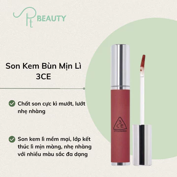 3CE Son Kem Lì Bùn - Chất Son Mịn, Độ Che Phủ Cao