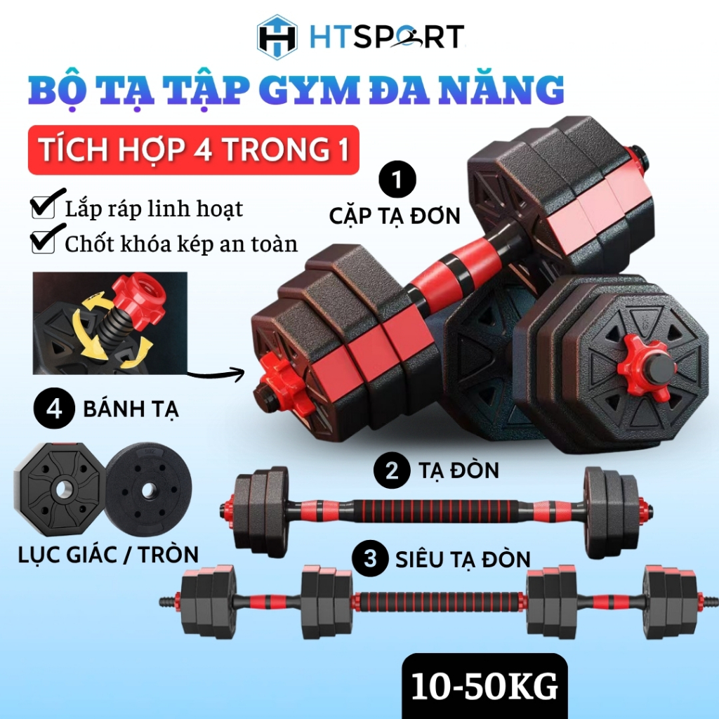 Bộ Tạ Tay Tập Gym Nam Nữ, Tạ Tay Lắp Ghép Tập Kết Hợp Tạ Đẩy, Tạ Đòn 10kg – 50kg Thể Dục Tại Nhà
