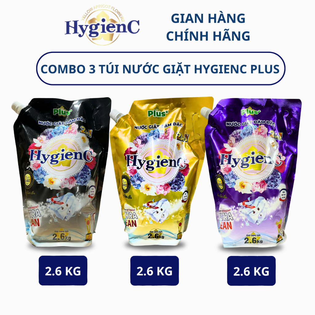 [Live Độc Quyền] Combo 3 Túi Nước Giặt Xả Đậm Đặc HygienC Plus 2.6Kg/ Túi - 6 Mùi Hương