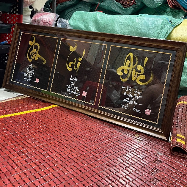 Bộ 3 tranh Thư pháp, 3 tranh treo tường decor phòng khách, Quà tặng ý nghĩa, viết tay thủ công