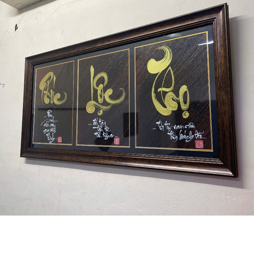 Bộ 3 tranh Thư pháp, 3 tranh treo tường decor phòng khách, Quà tặng ý nghĩa, viết tay thủ công