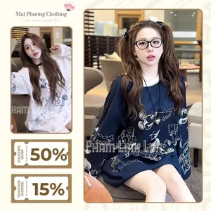A129 Áo Thun Nữ Dài Tay Dáng Giấu Quần Chất Cotton size 40-70kg ÁO PHÔNG MICKEY PHA CỔ DÀI TAY PLL