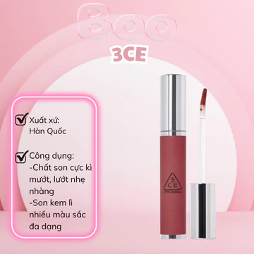 3CE Son Kem Lì Bùn - Chất Son Mịn, Độ Che Phủ Cao