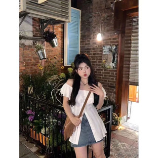 Áo kiểu nữ trễ vai form dài bèo nhún nhẹ tay ngắn cổ rộng vải cotton màu be đẹp VANISA CT063