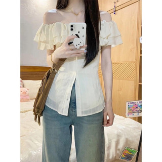 Áo nữ trễ vai phong cách Hàn Quốc tay bồng bèo to vải đũi thoáng màu be nhẹ VANISA CT063