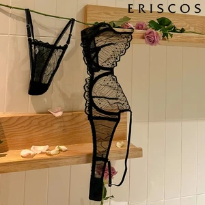 Bộ đồ lót ren thêu xuyên thấu Eriscos có gọng không mút lót cup chéo quần dây gợi cảm sang chảnh