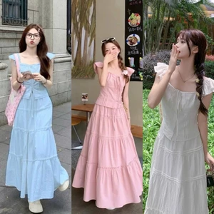 Váy maxi dáng dài phong cách Hàn Quốc tiểu thư, Set Áo Thô Cánh Tiên Mix Chân Váy Xoè Tầng Xinh