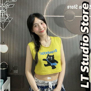 LT - Áo len nữ sát nách tanktop hình chú mèo đen, dáng lửng croptop free size 1151