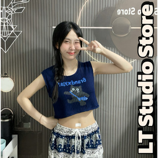 LT - Áo len nữ sát nách tanktop hình chú mèo đen, dáng lửng croptop free size 1151