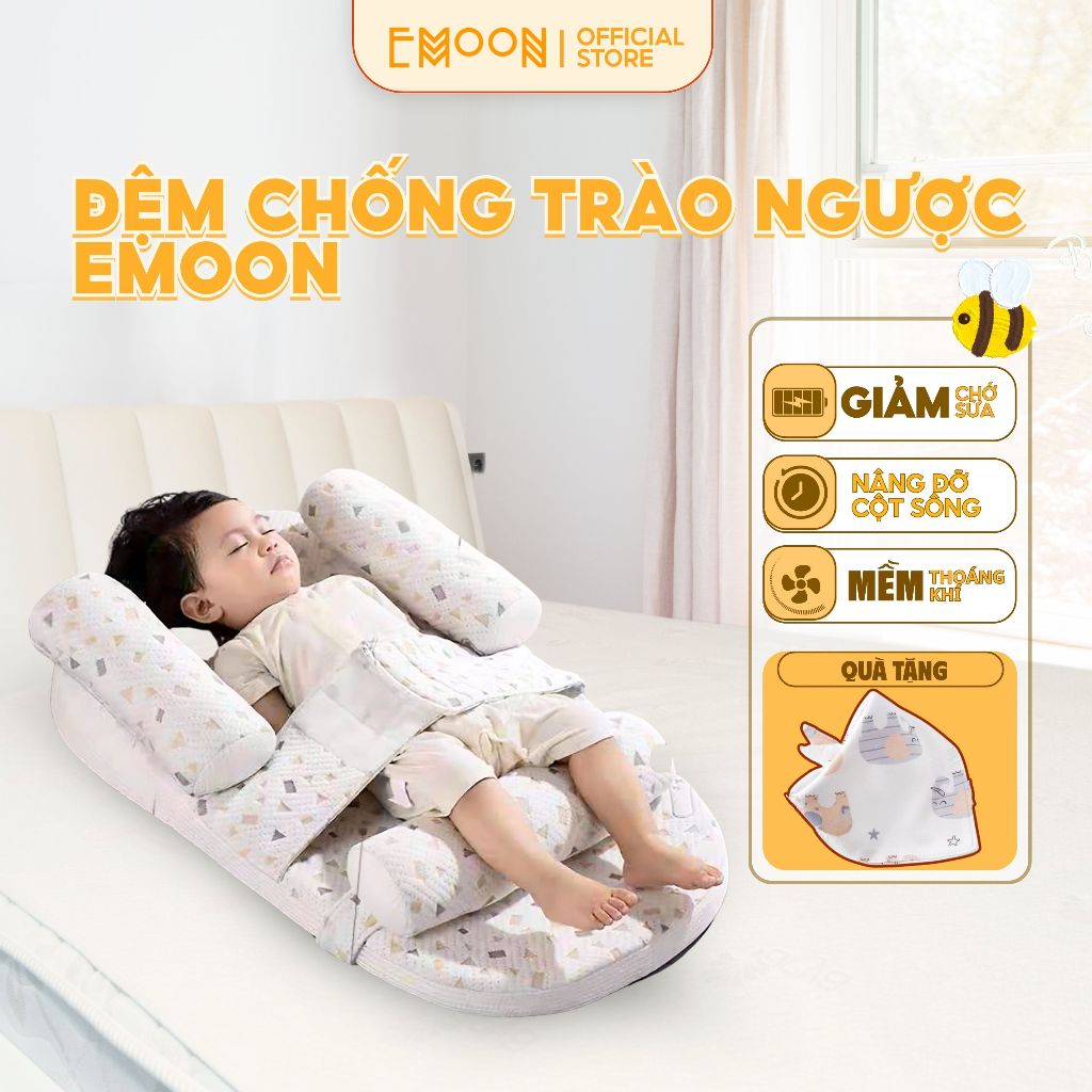 Gối chống trào ngược cho bé Emoon cao cấp có gối chặn kèm đai cố định giúp bảo vệ cột sống cho bé